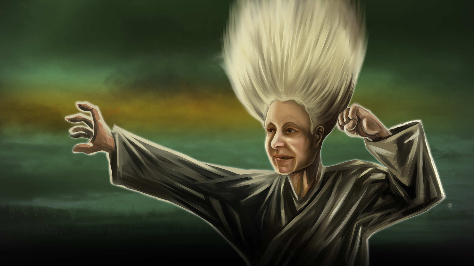 Karaktären Mamma demon med grön skymning i bakgrunden. Har har karmarna i kampsportsställning och ljust hår som står rakt upp. 
