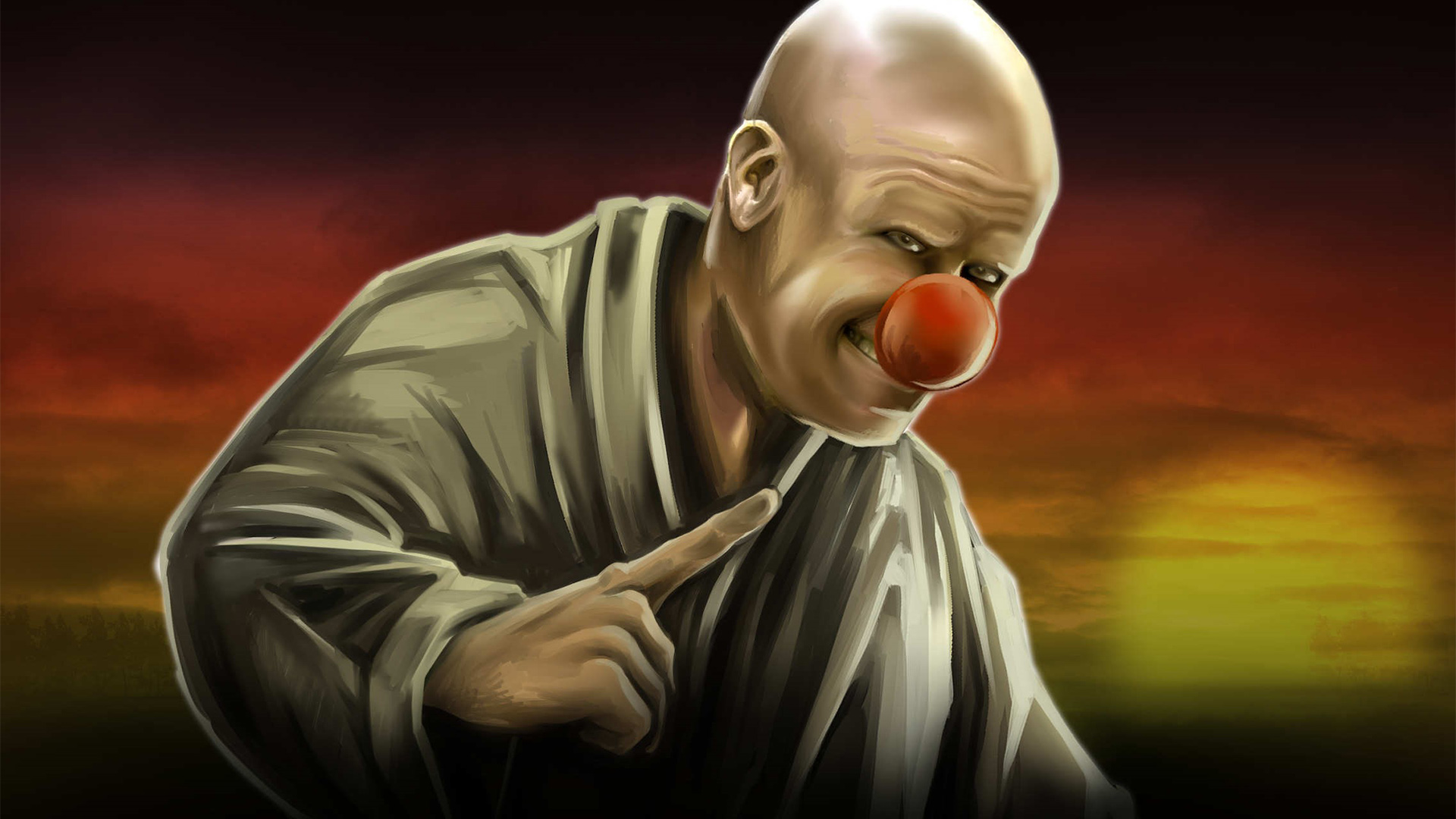 Karaktären Mördande masken med röd solnedgång i bakgrunden. Han har inget hår, röd clownnäsa och en handen höjd med ett utsträckt finger. 