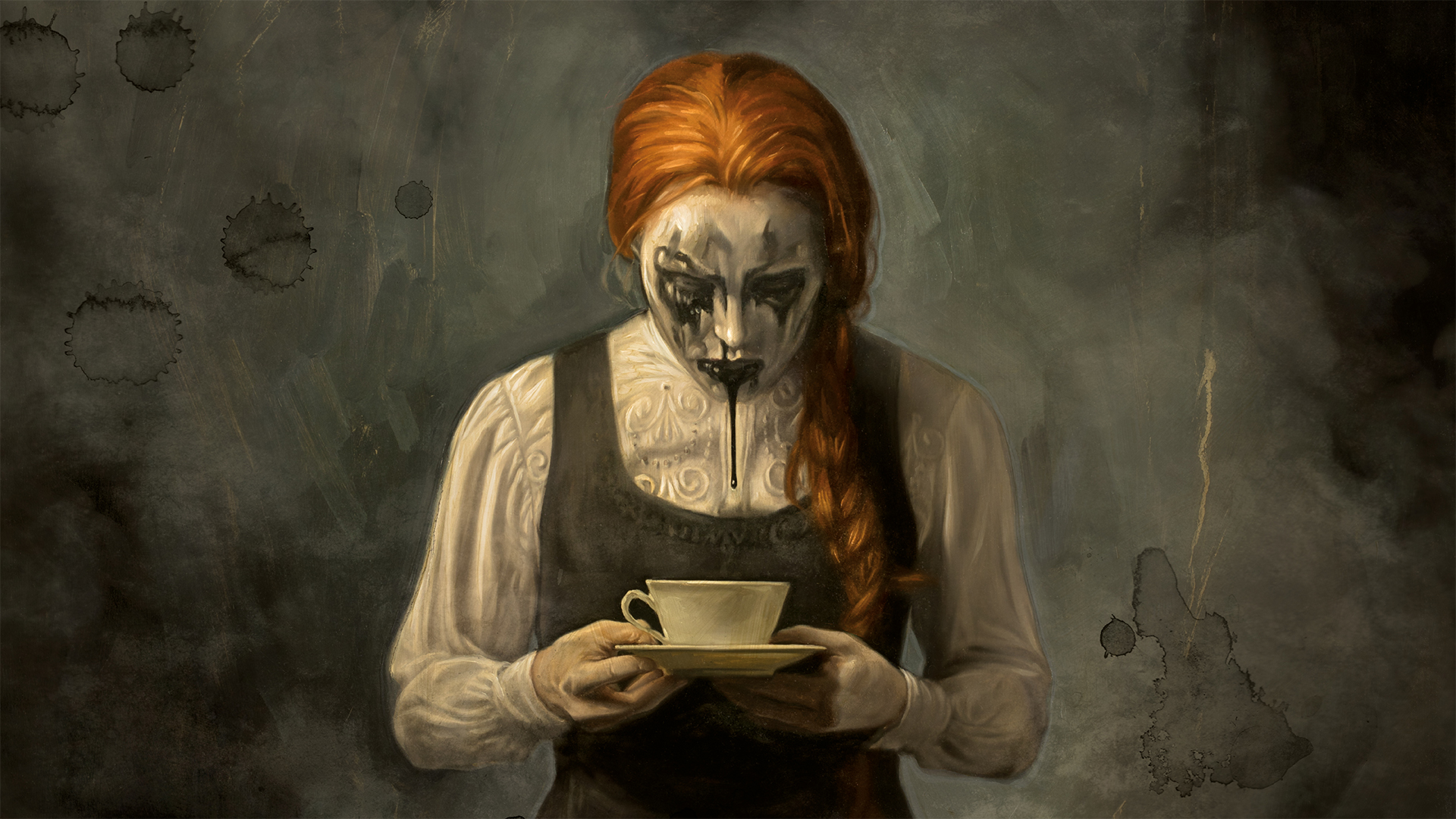 Vitblek kvinna med orange hår och svart smink utsmetat i hela ansiktet som läcker svart sörja ur munnen ner i en kopp hon håller i händerna. Oljemålning. 