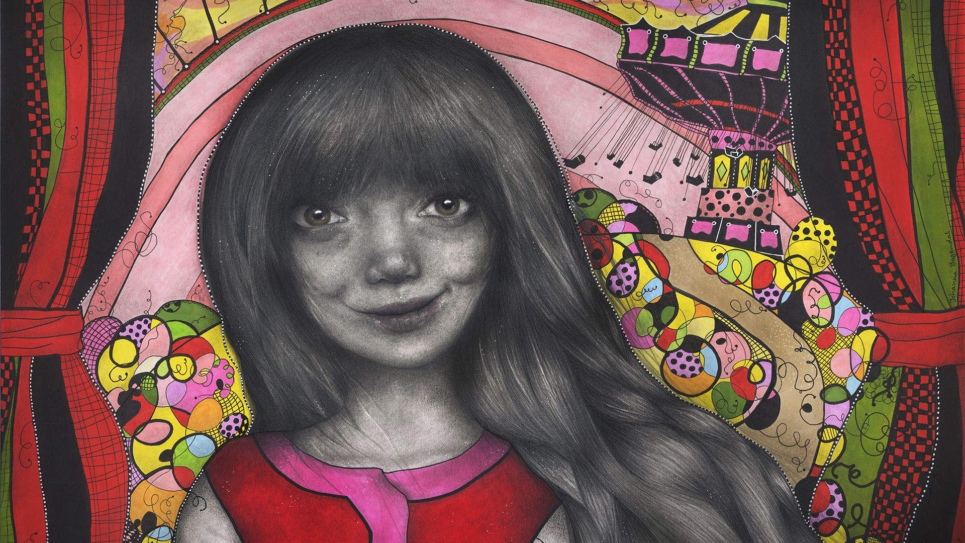 Färgsprakande bild på flickan Katitzi som ler och har en slänggunga i bakgrunden. Illustration. 