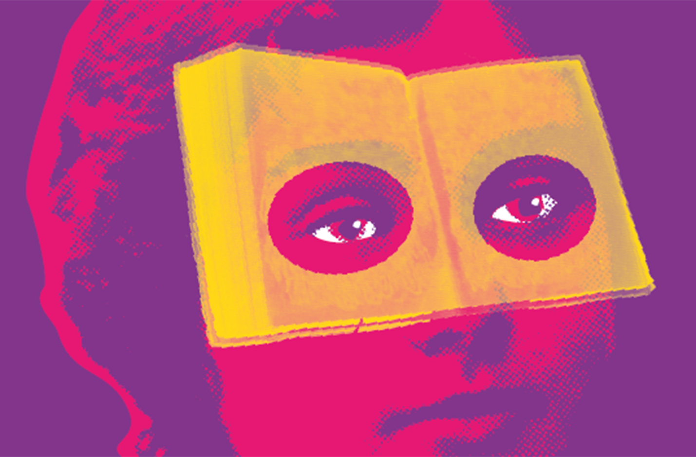 Klickbar bild Alla vindar är stilla. Illustrerat rött och lila porträtt av Anna Margolin. Över hansiktet har hon en uppslagen gul bok, med två hål i för ögonen likt glasögon. 