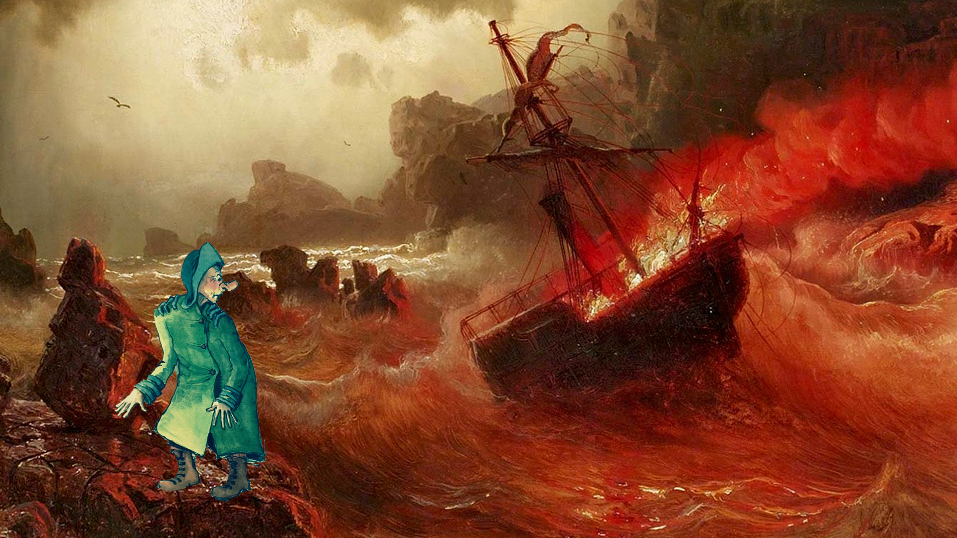 Klickbar bild Stormen. En clown i gröna regnkläder inklippt mot en oljemålning av ett brinnande segelfartyg till havs som bakgrund. 
