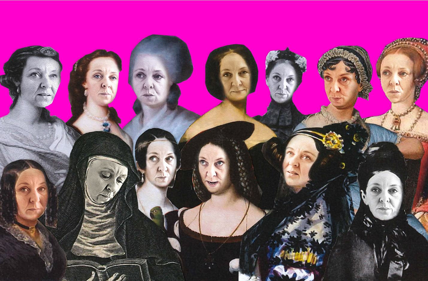 Klickbar bild Var är brudarna? Flera porträtt av betydelsefulla historiska kvinnor i kollageform med alla ansikten utbytta mot skådespelaren Viktoria Folkessons. 